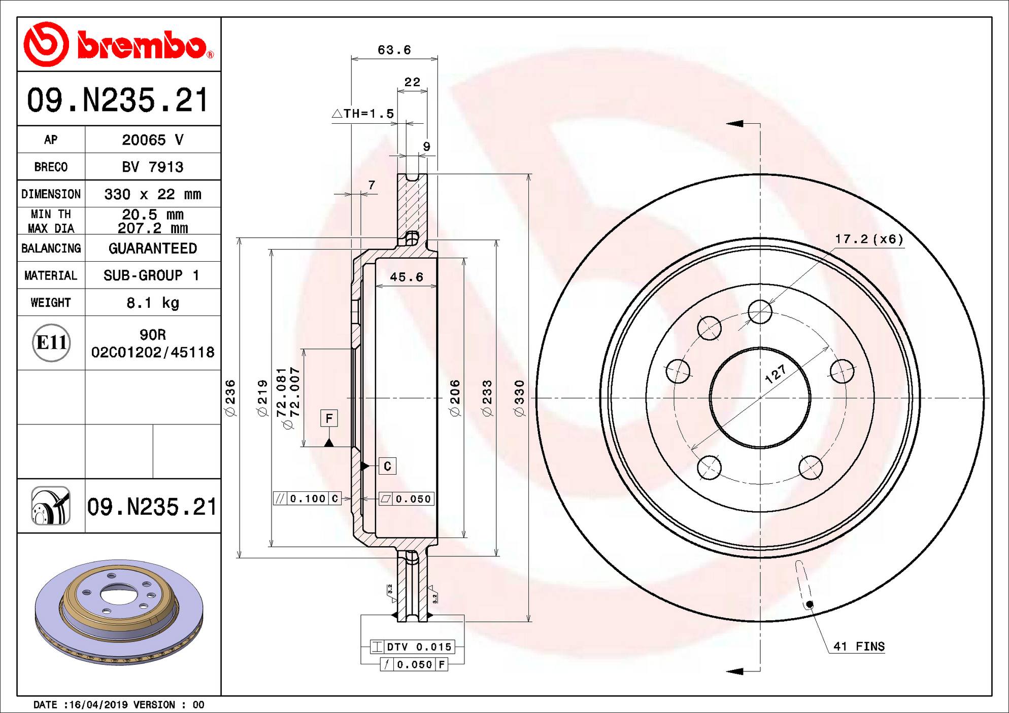 Brembo 09.N235.21 - 11-20 Dodge Durango Rear Premium UV Coated OE Equivalent Rotor