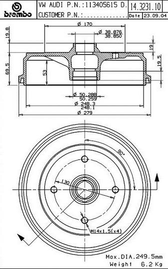 Volkswagen Brake Drum - Front (248mm) 113405615H Brembo