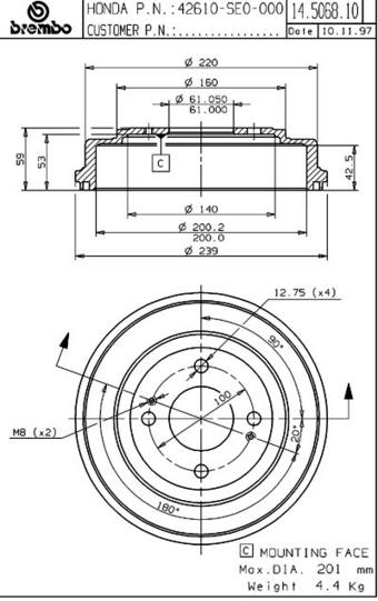 Honda Brake Drum - Rear (200mm) 42610SR3000 Brembo