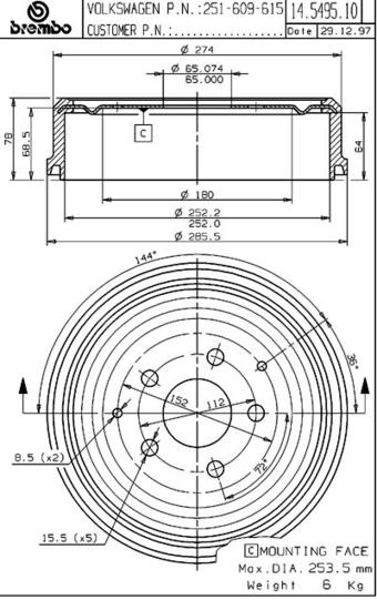 Volkswagen Brake Drum - Rear (252mm) 251609615 Brembo