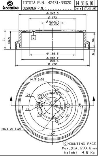 Toyota Brake Drum - Rear (228mm) 4243133020 Brembo