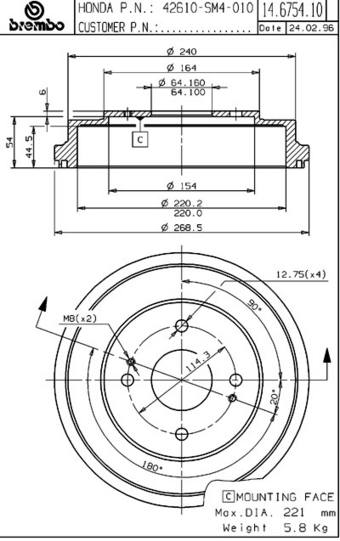 Honda Brake Drum - Rear (220mm) 42610SM4010 Brembo