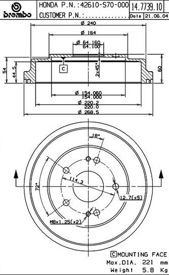 Honda Brake Drum - Rear (220mm) 42610SDAA00 Brembo