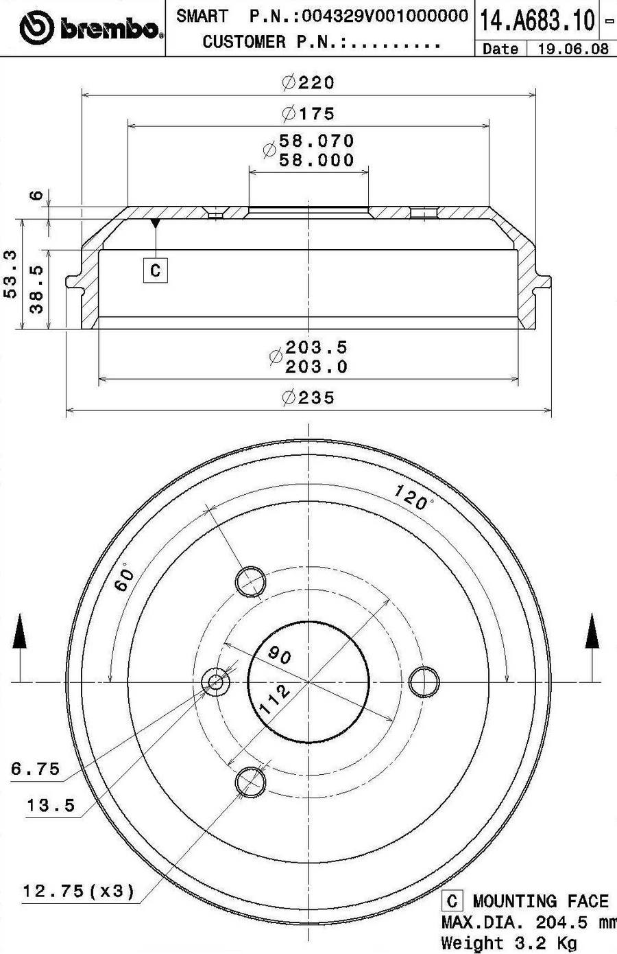 Smart Brake Drum - Rear (203mm) 0004329V004 Brembo