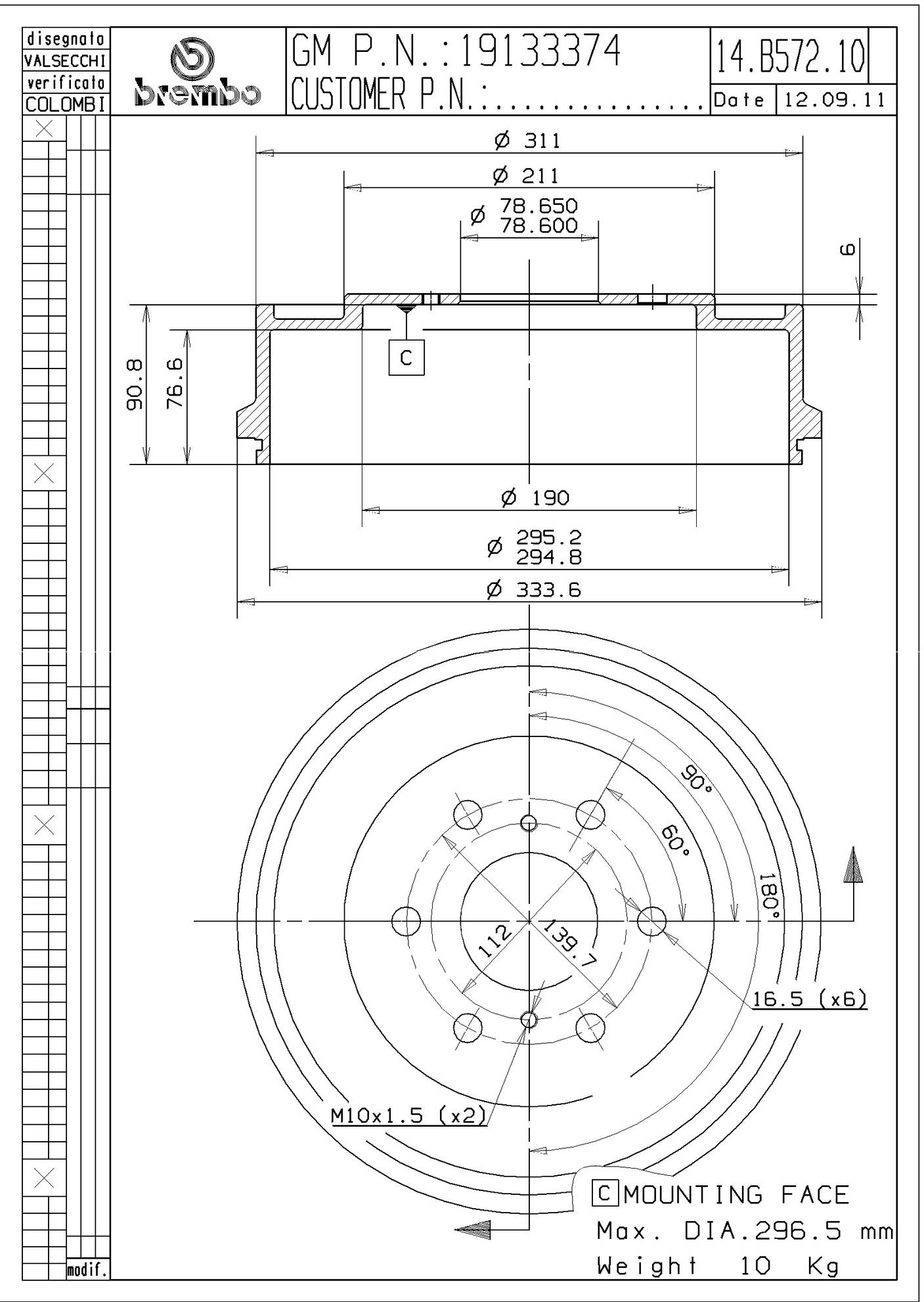 GMC Chevrolet Brake Drum - Rear (295mm) 89059149 Brembo