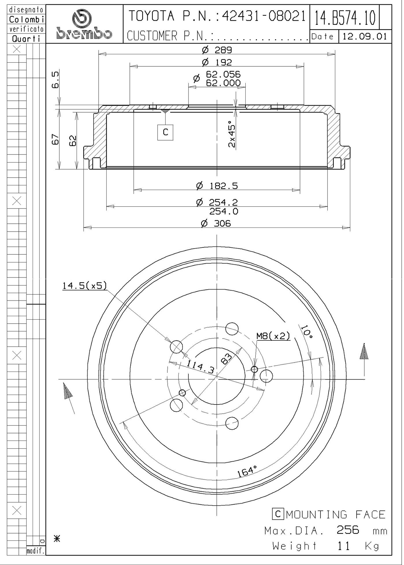 Toyota Brake Drum - Rear (254mm) 4243108021 Brembo