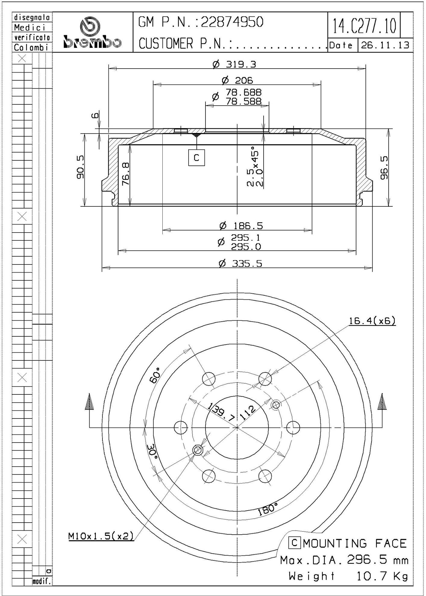 Chevrolet GMC Brake Drum - Rear (295mm) 25976967 Brembo