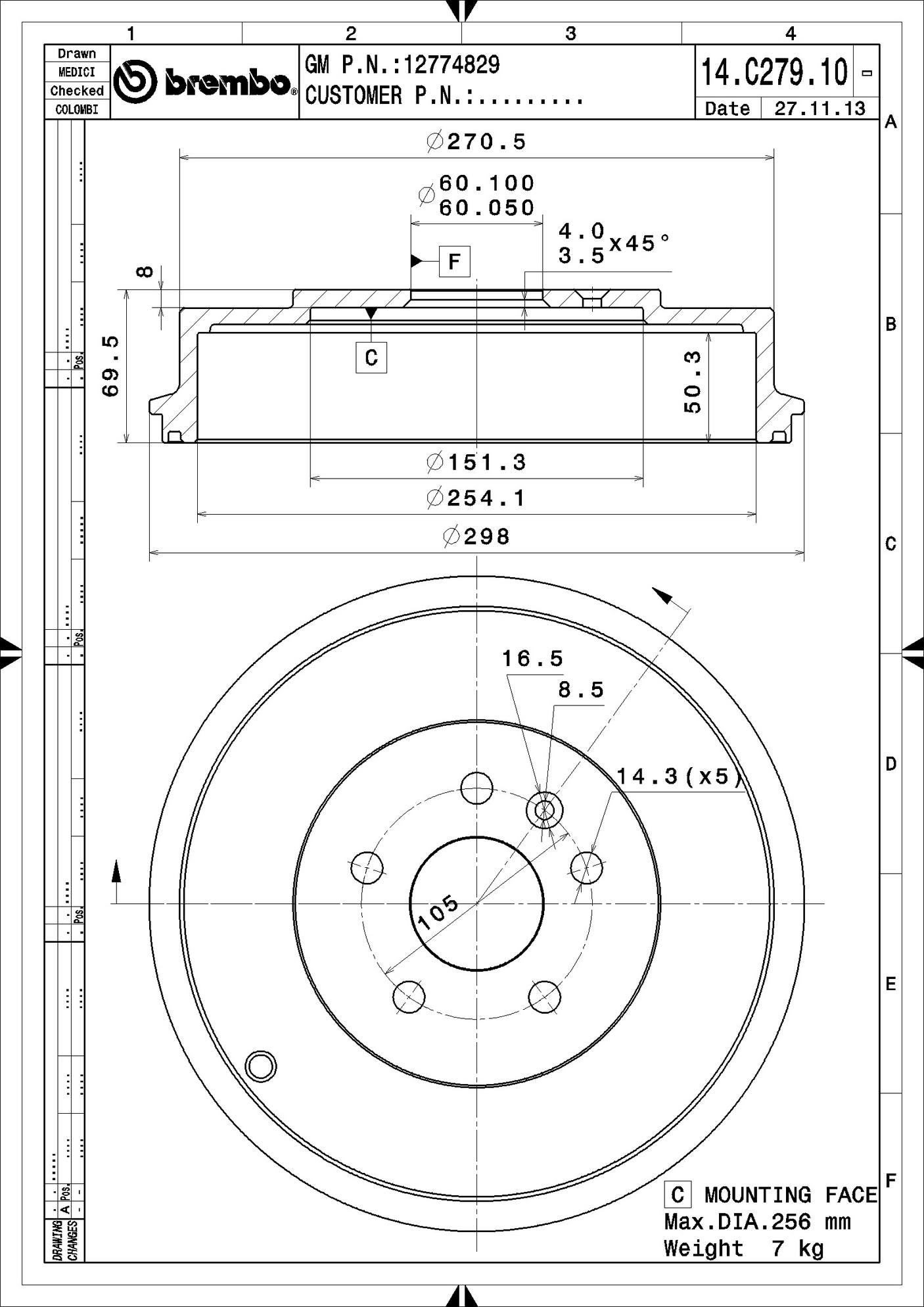 Chevrolet Brake Drum - Rear (254.1mm) 12774829 Brembo