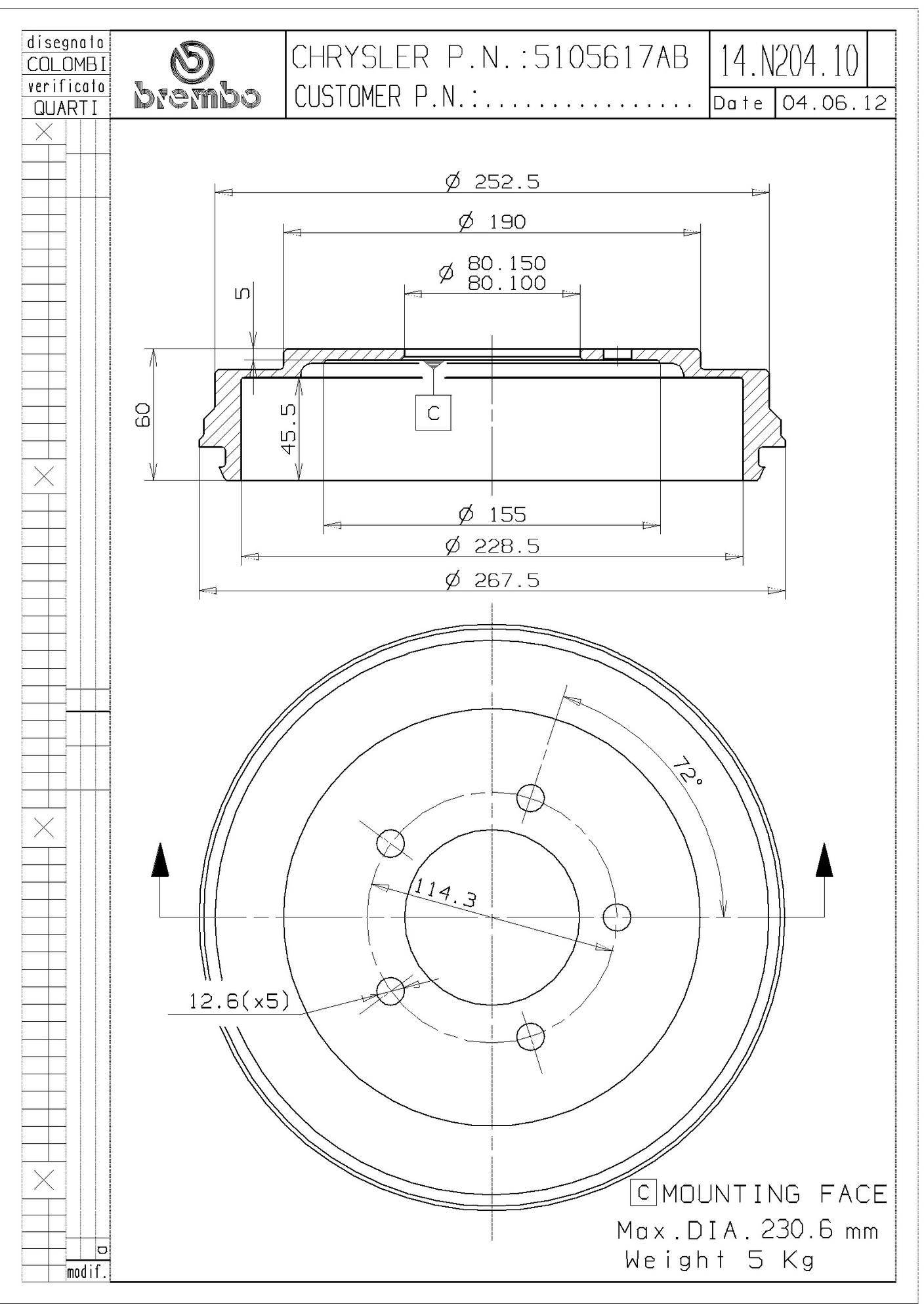 Chrysler Dodge Jeep Brake Drum - Rear (228.5mm) 5105617AB Brembo