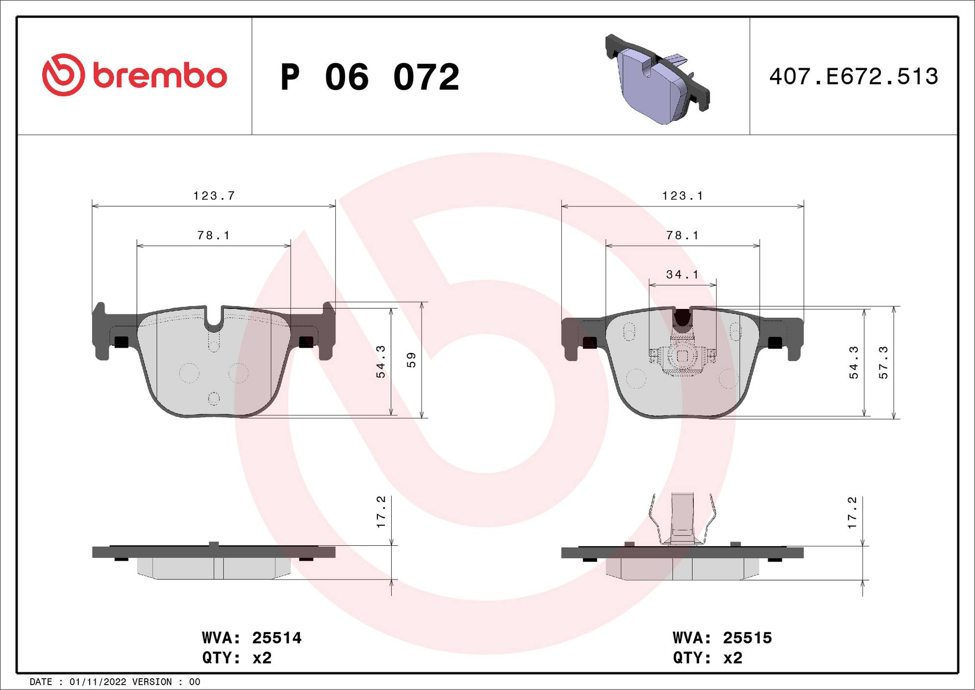 BMW Disc Brake Pad Set - Rear (Low-Met) 34216850570 Brembo