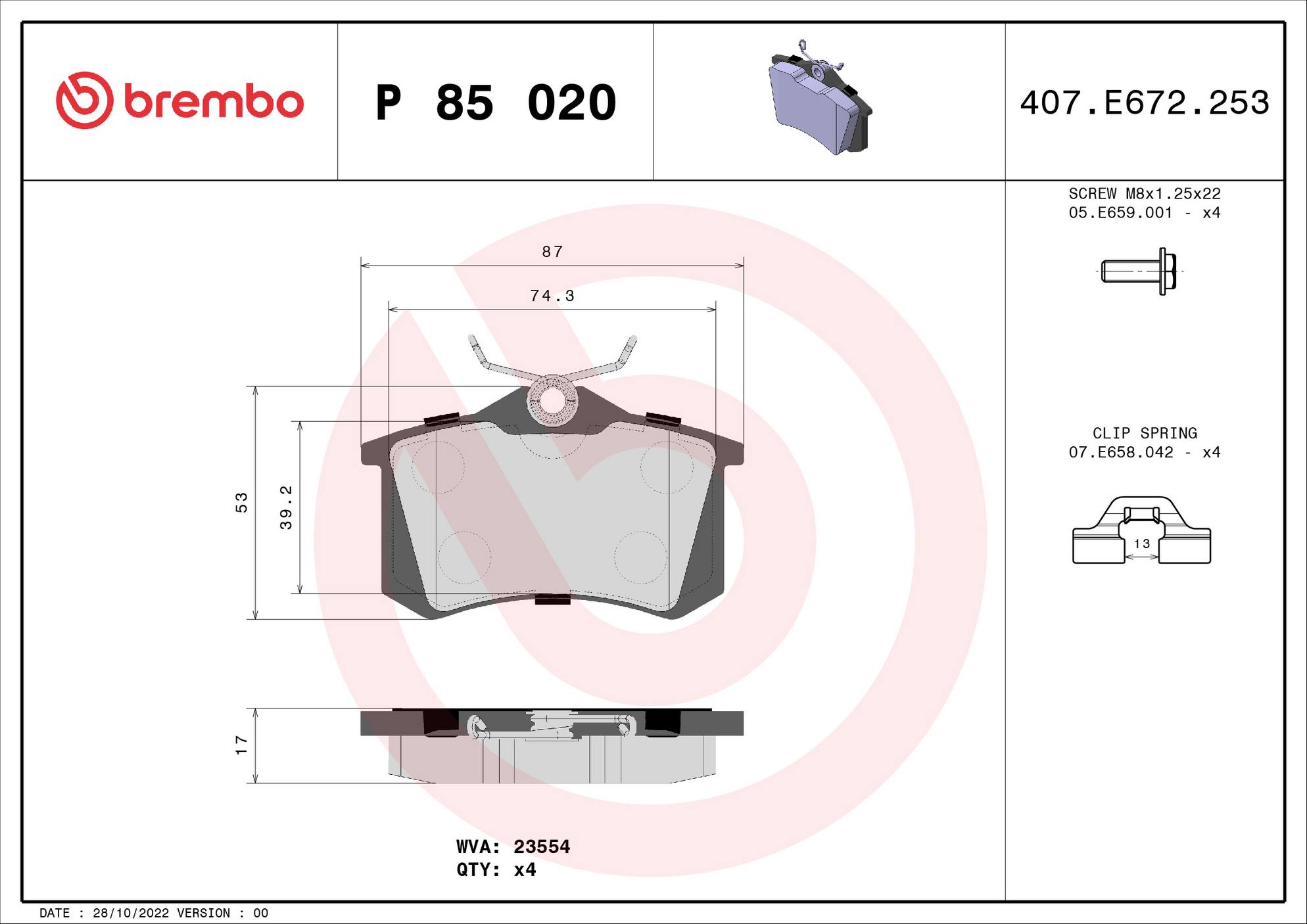 Audi Volkswagen Disc Brake Pad and Rotor Kit - Rear (232mm) (Low-Met) Brembo