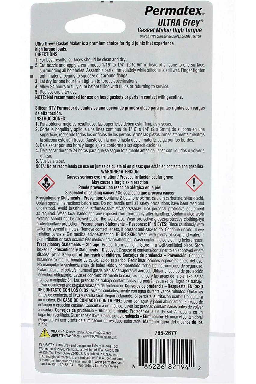 Permatex 82194 Permatex Ultra Grey Rigid High-Torque RTV Silicone Gasket  Maker- 3.5oz Tube (82194)