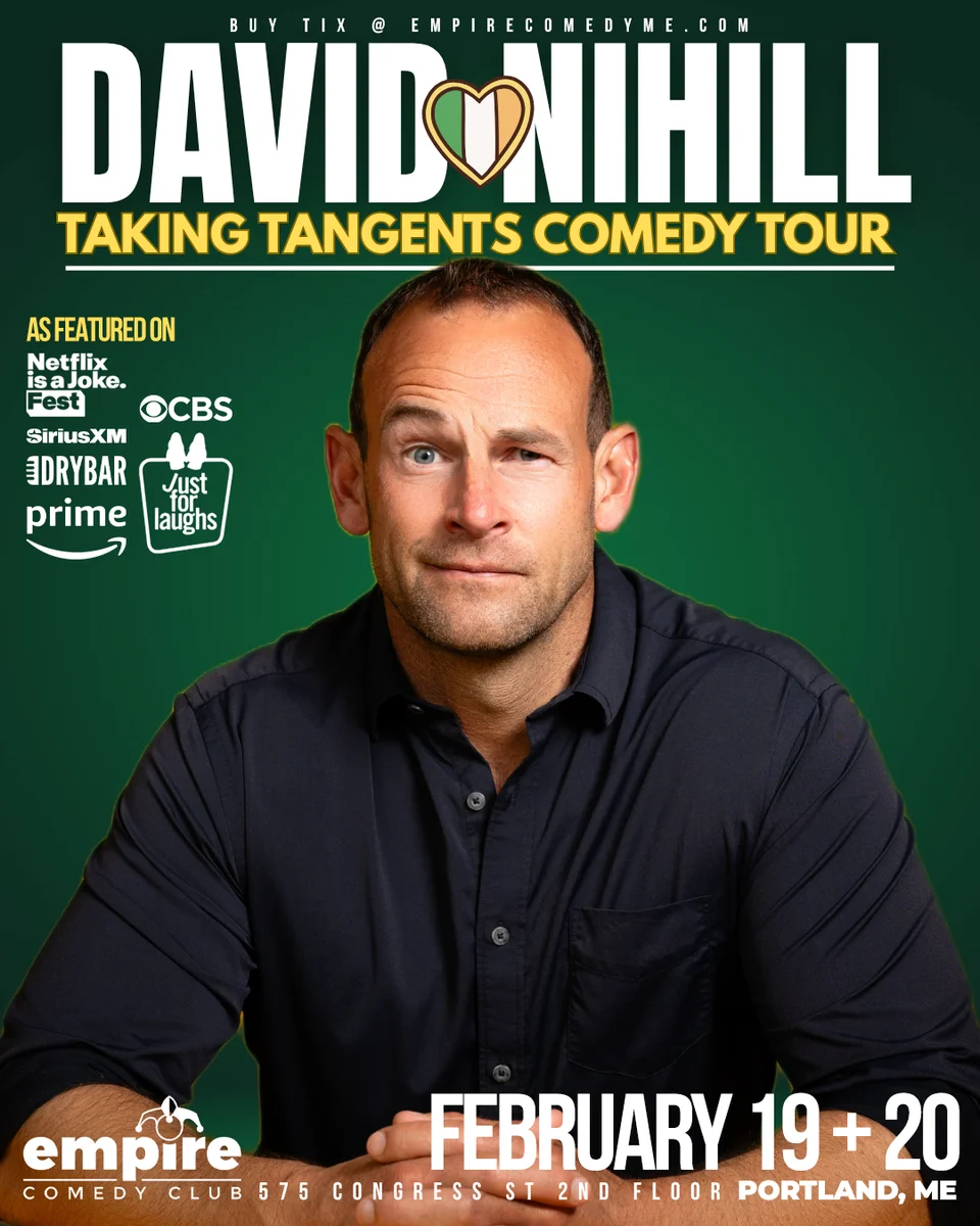 Promotional poster for David Nihill: Taking Tangents Tour at Empire Comedy Club