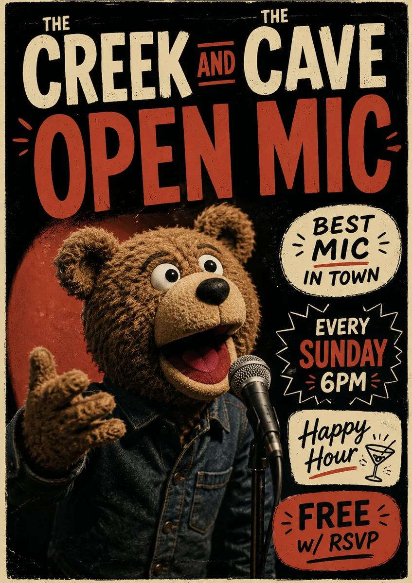 Promotional artwork for The Creek and the Cave Open Mic.