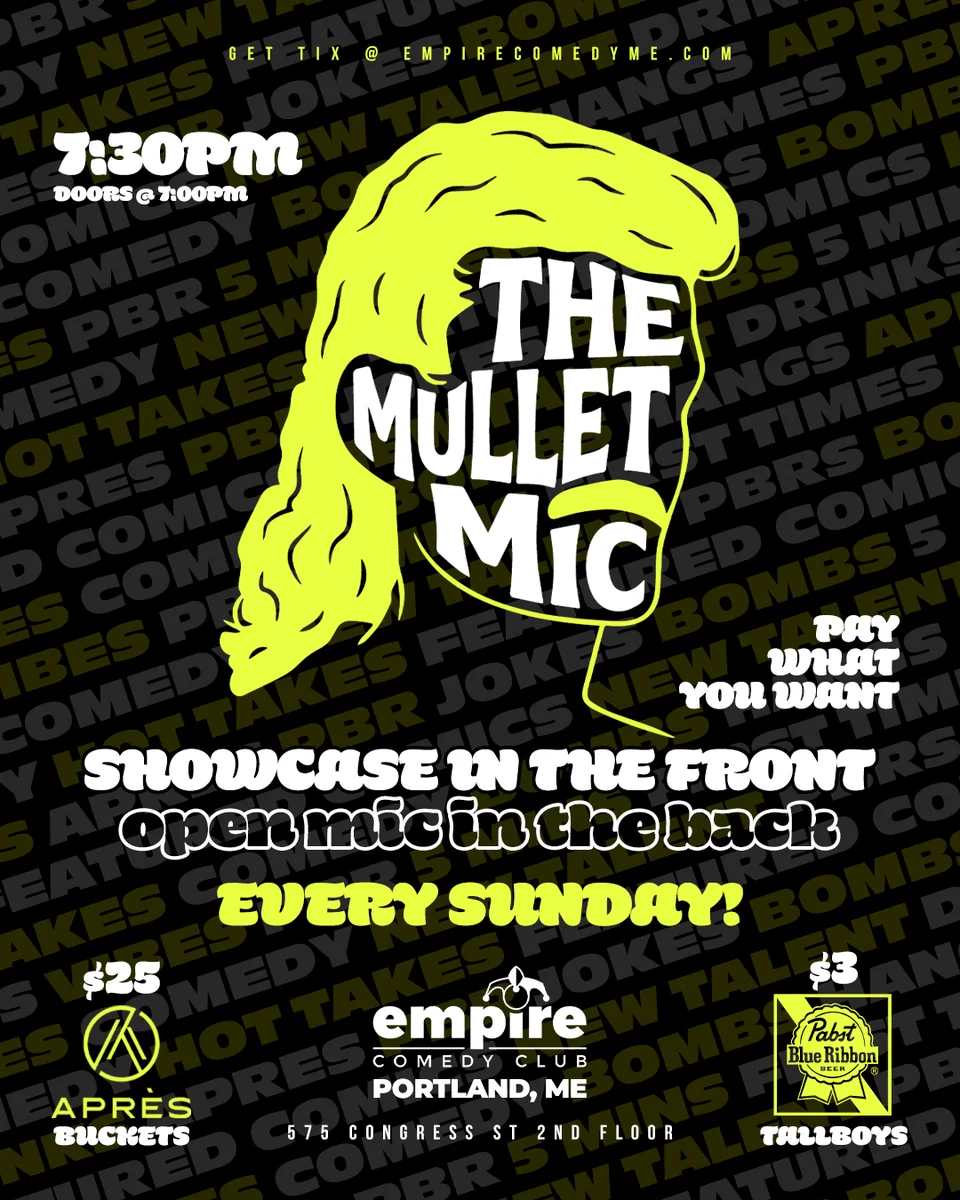 Promotional poster for The Mullet Mic at Empire Comedy Club