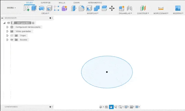Captura de software CAD con un boceto circular en 2D listo para extruirse