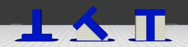 Misma pieza en forma de T en tres orientaciones, cada una con distinta cantidad de soporte