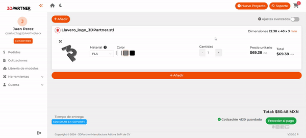 Captura del cotizador con material, color, cantidad y precio unitario de una pieza, junto al switch de ajustes avanzados