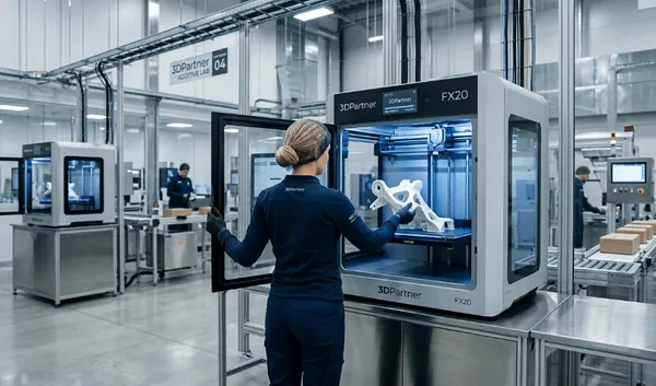 Operadora retira una pieza blanca de una impresora 3D industrial en un laboratorio de manufactura aditiva