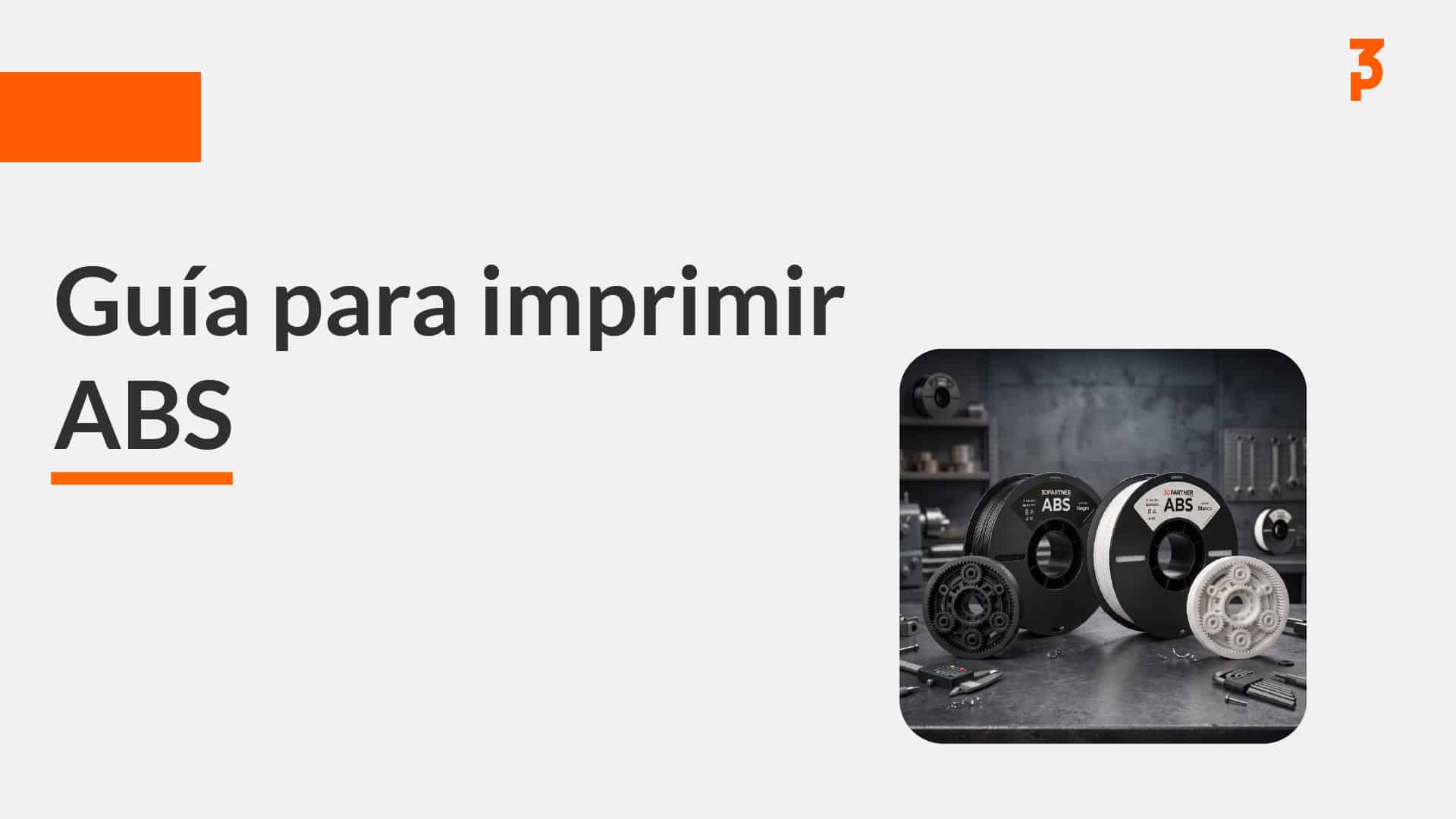 Carretes de filamento ABS 3DPartner negro y blanco junto a piezas mecánicas impresas en un taller