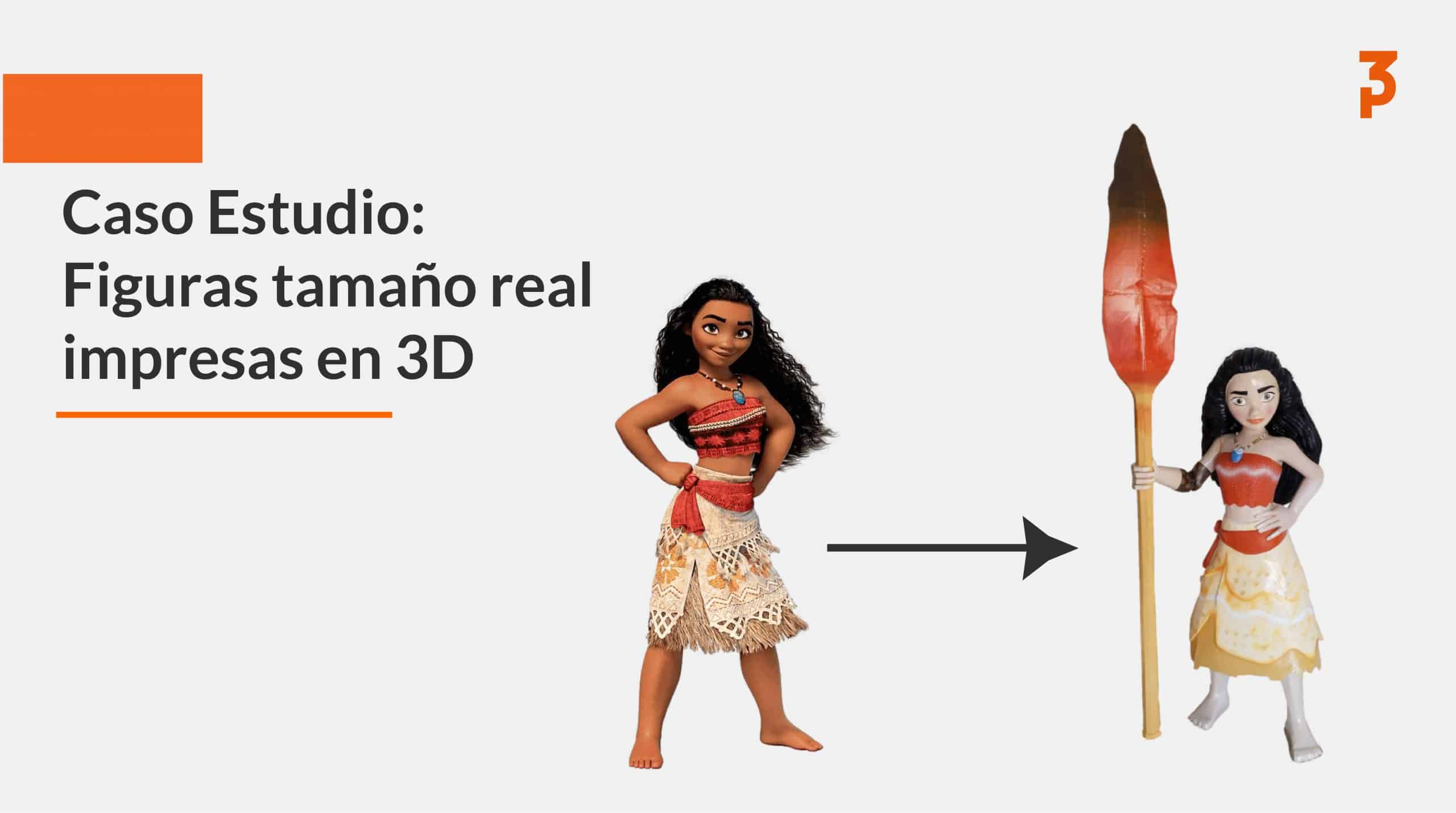 Ilustración de Moana junto a su escultura impresa en 3D a tamaño real con remo, caso de estudio