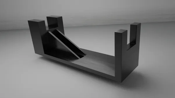 Render de una pieza negra tipo soporte, ejemplo de pieza funcional que puede fabricarse en PLA
