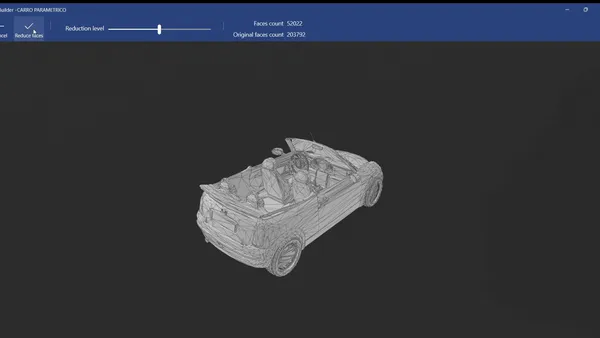 Captura de 3D Builder mostrando la reducción de 203,792 a 52,022 caras con la barra de nivel