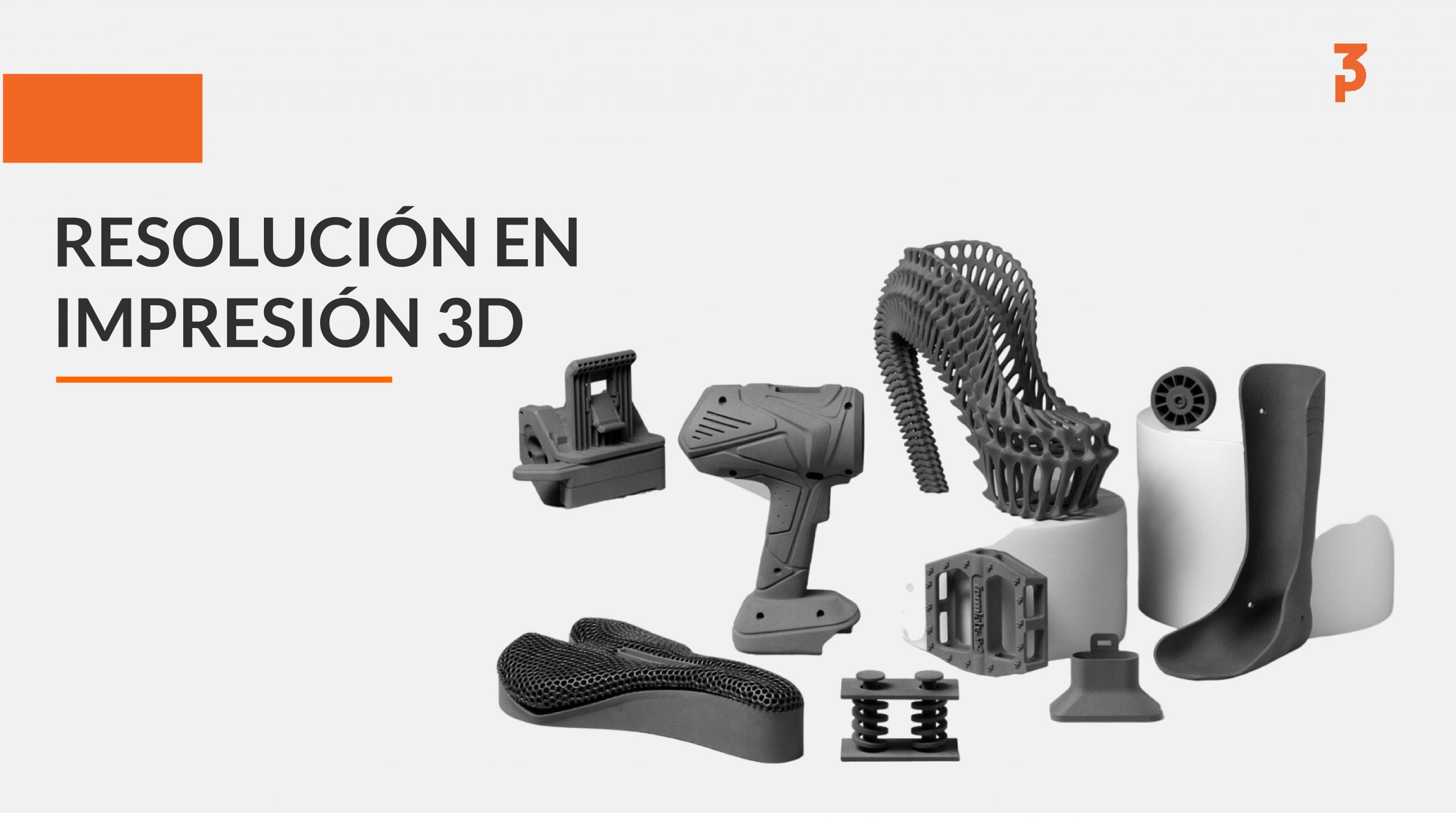 Portada sobre resolución en impresión 3D con varias piezas técnicas grises impresas