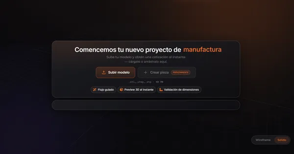 Captura del cotizador con el botón Subir modelo para cargar archivos STL, STEP o STP