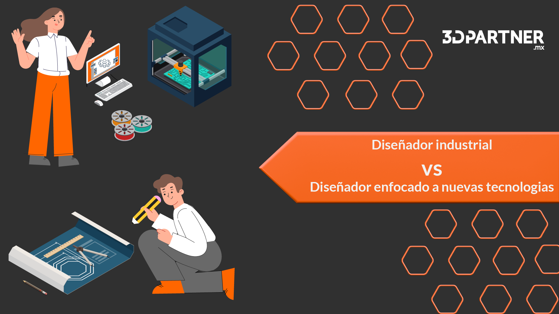Ilustración de una diseñadora con impresora 3D frente a un diseñador con planos tradicionales