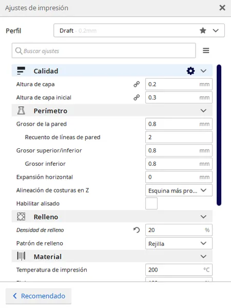 Panel de ajustes de impresión del laminador con altura de capa, perímetros y relleno