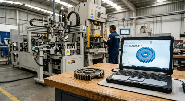 Engrane físico junto a una laptop con su modelo digital, ejemplo de inventario digital de refacciones en planta