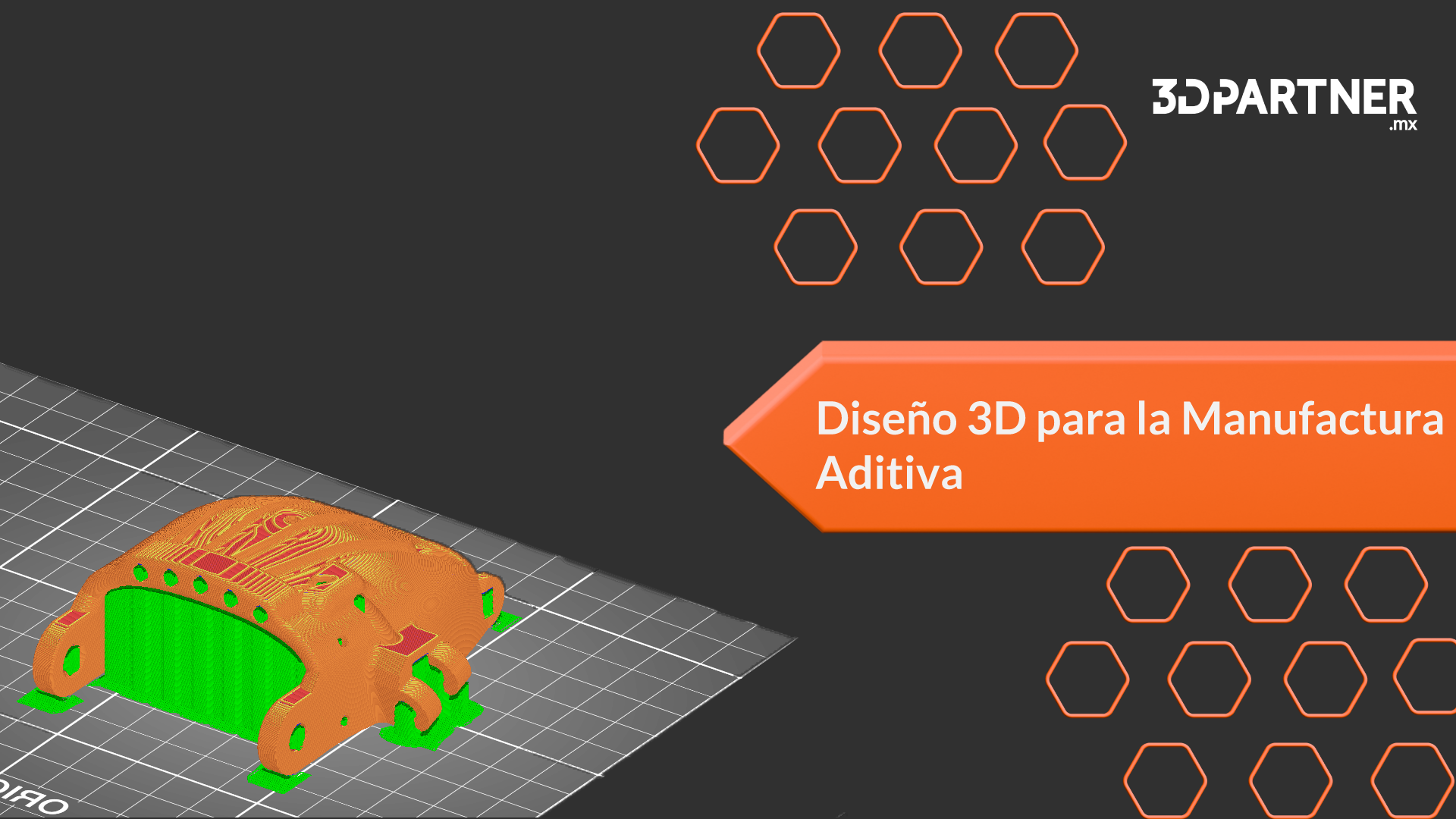 Pieza laminada en el software de impresión con soportes en verde, portada de diseño para manufactura aditiva