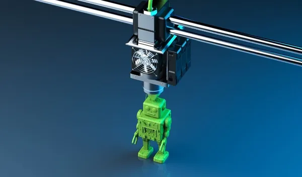 Cabezal de impresora 3D fabricando un robot verde capa por capa, solo cuando se necesita