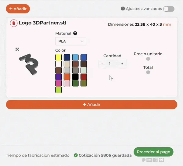 Captura del cotizador en línea con archivo STL cargado, selección de material, color y cantidad