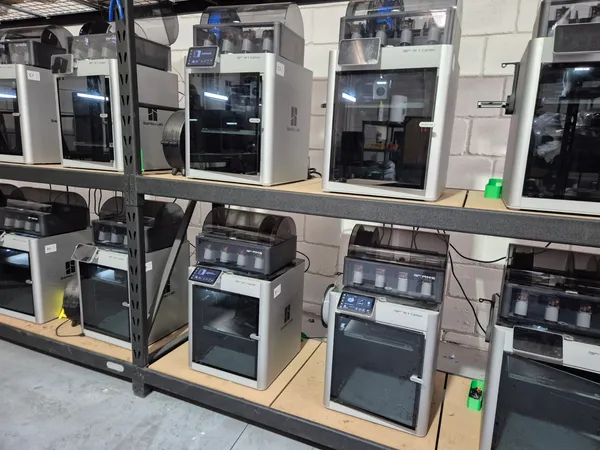 Estantes con impresoras 3D cerradas de la granja de producción de 3DPartner trabajando en paralelo