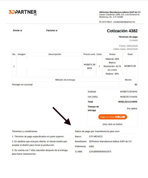 Cotización en PDF señalando los datos de pago por transferencia con la CLABE en la parte inferior