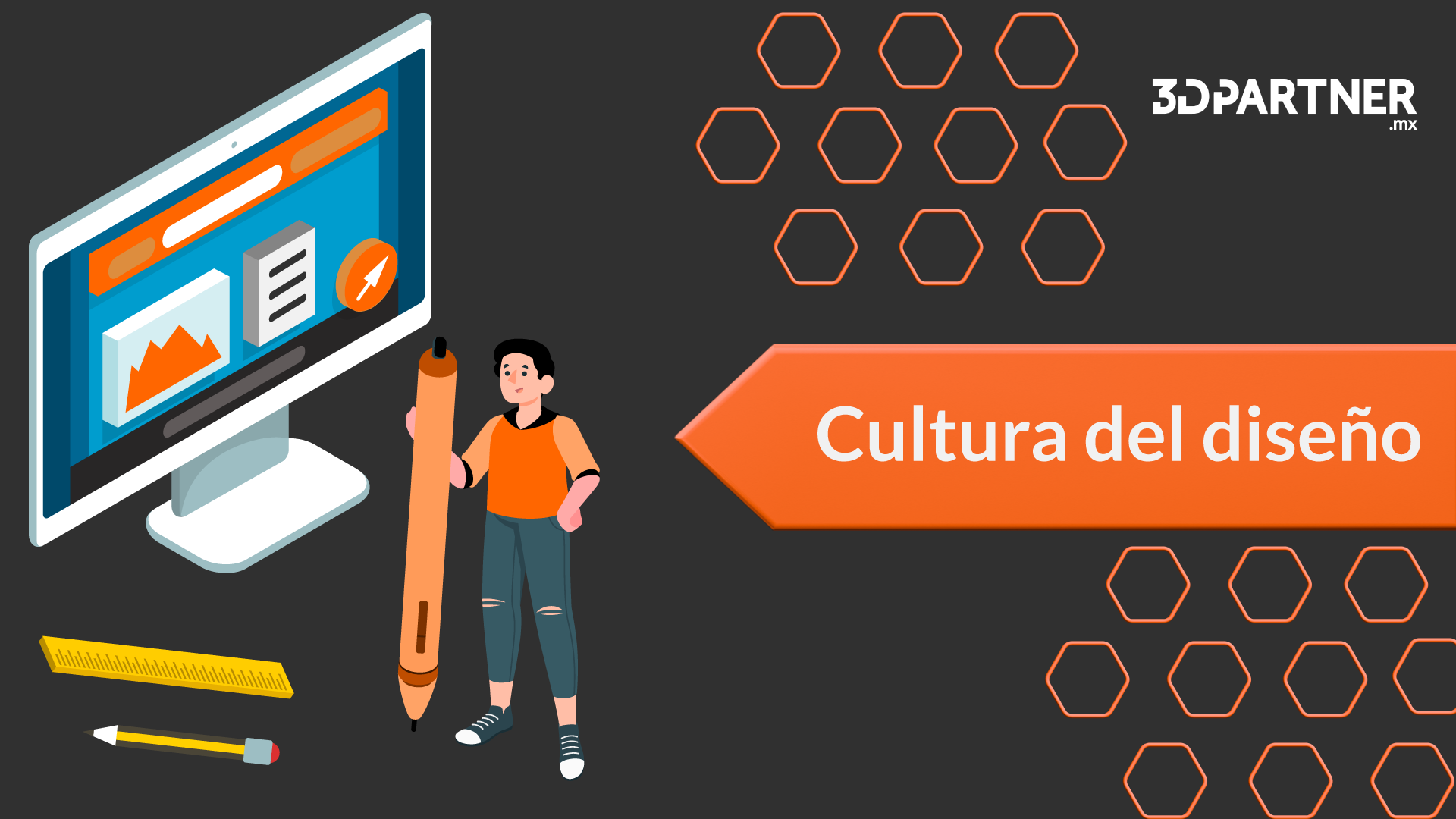 Ilustración de una diseñadora con un lápiz gigante junto a un monitor, portada sobre cultura del diseño