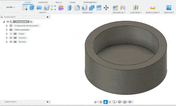 Captura de software CAD con el cilindro ahuecado mediante el comando de vaciado