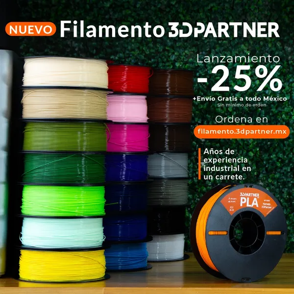 Anuncio de lanzamiento del Filamento 3DPartner con carretes de colores y descuento del 25 por ciento