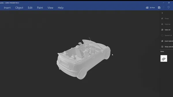 Captura de 3D Builder con el modelo de auto seleccionado antes de usar la opción de simplificar