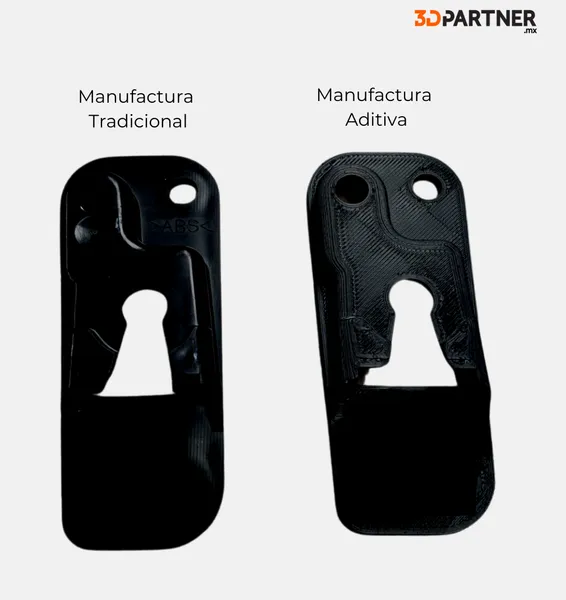 Comparación de una pieza negra hecha por manufactura tradicional y su versión por manufactura aditiva
