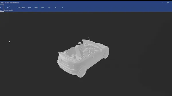 Captura de 3D Builder al importar un modelo de auto, con la selección de unidades del archivo