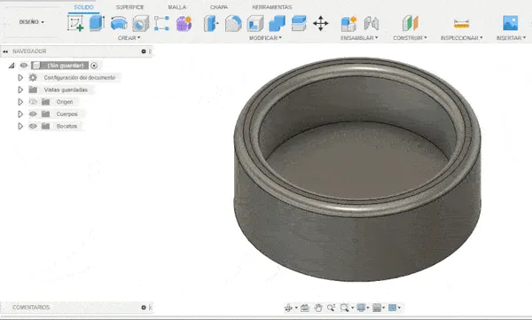 Captura de software CAD con aristas redondeadas en la pieza hueca usando empalme y chaflán