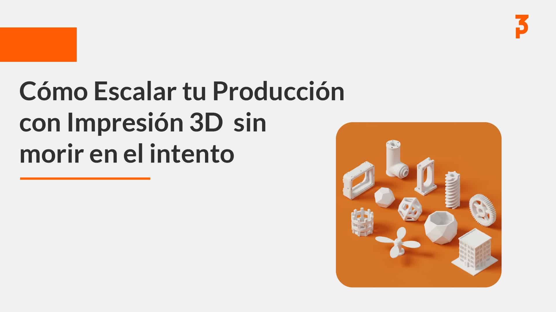 Portada con piezas técnicas impresas en 3D en blanco sobre fondo naranja: engranes, bisagras y soportes