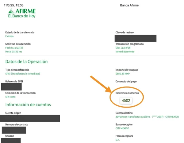 Comprobante de transferencia SPEI con el número de orden capturado como referencia numérica