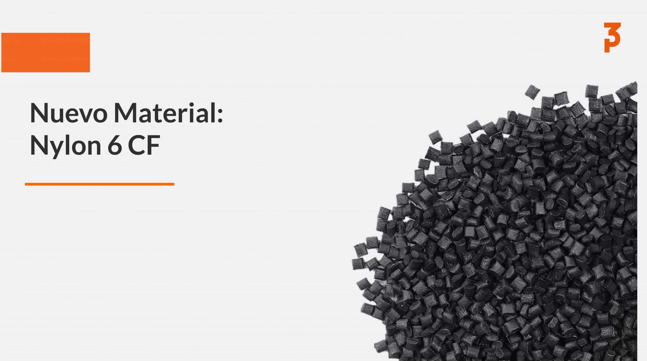 Portada del nuevo material Nylon 6 CF con pellets negros de nylon reforzado con fibra de carbono