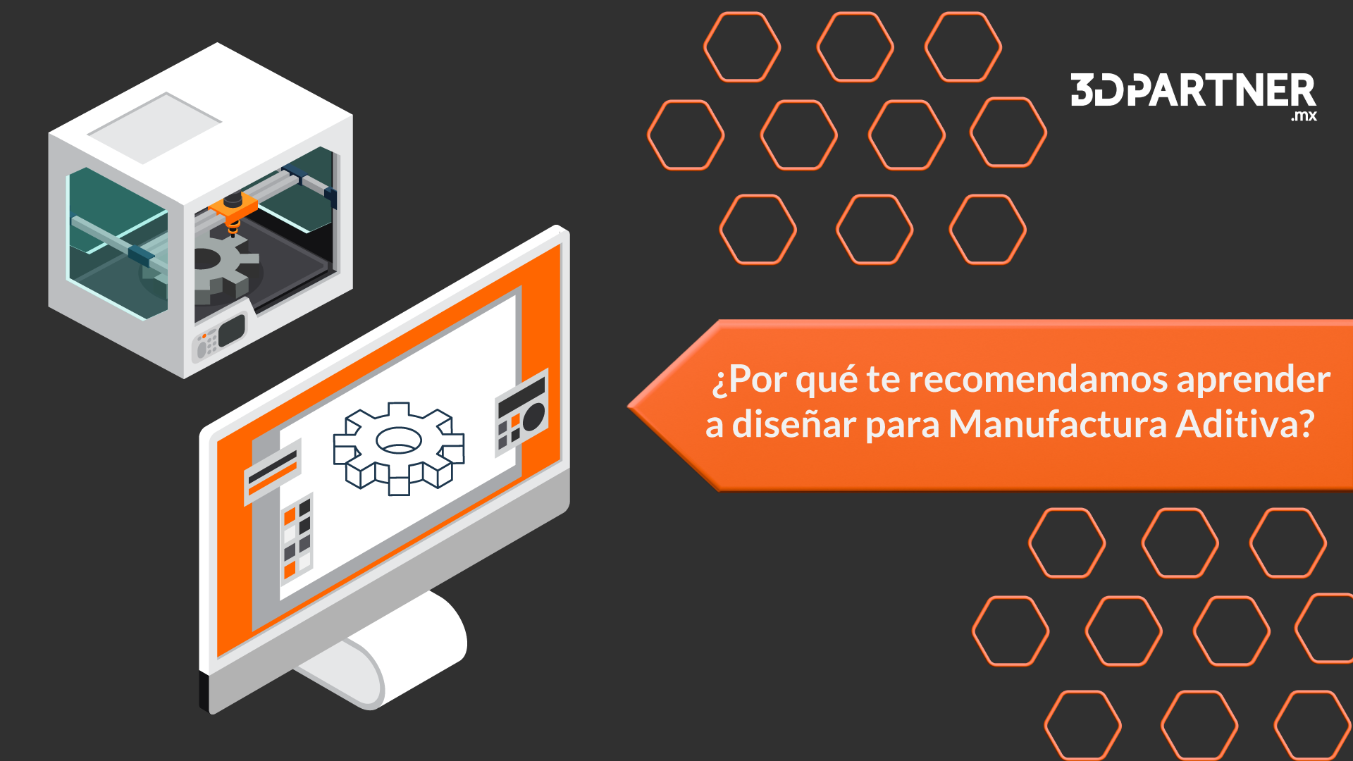 Ilustración de una impresora 3D y un monitor con un engrane en software CAD para diseñar piezas