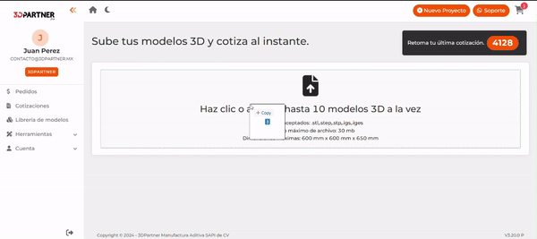 Captura de la pantalla de carga del cotizador, donde se suben hasta 10 modelos 3D a la vez