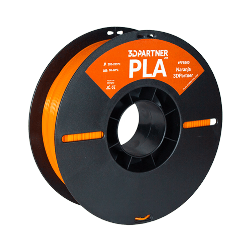 Carrete de filamento PLA naranja de 3DPartner con etiqueta de temperaturas de impresión y de cama